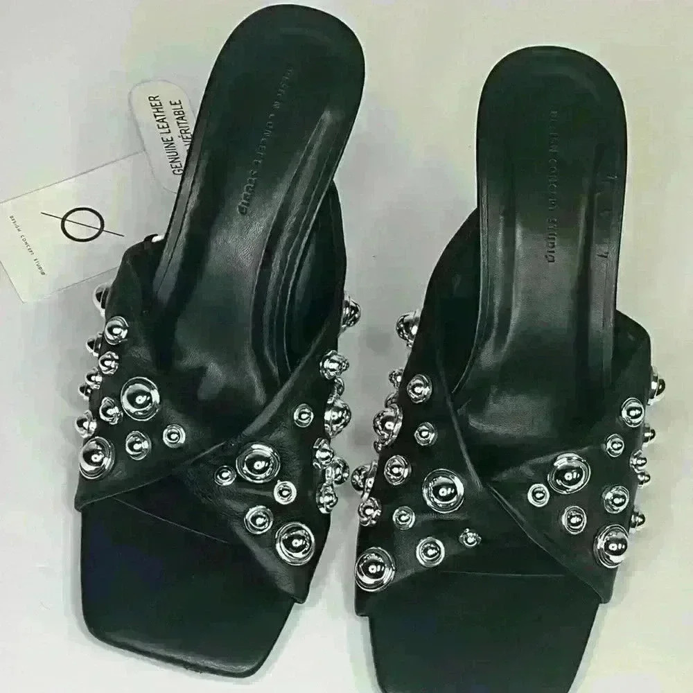 Black Leather Studded Women's Shoes